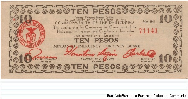S-527a Mindanao 10 Pesos note. Banknote