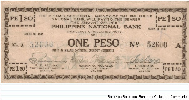 S-572a Misamis Occidental 1 Peso note. Banknote