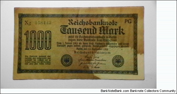 Germany 1922 1000 Mark  Kp# 75  Banknote