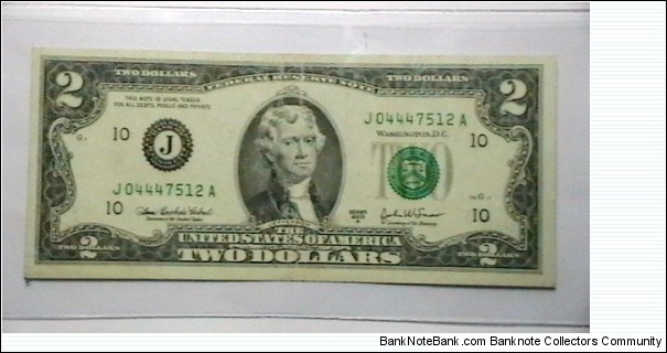 U.S. FRN series 2003A 2 dollar district J obv. Banknote