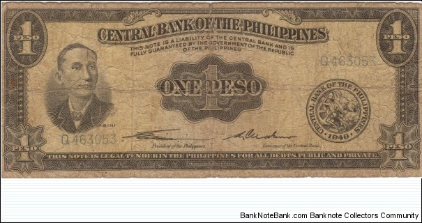 PI-133a RARE English Series 1 Peso note with signature group 1, Q prefix, and gold GENUINE underprint. Banknote