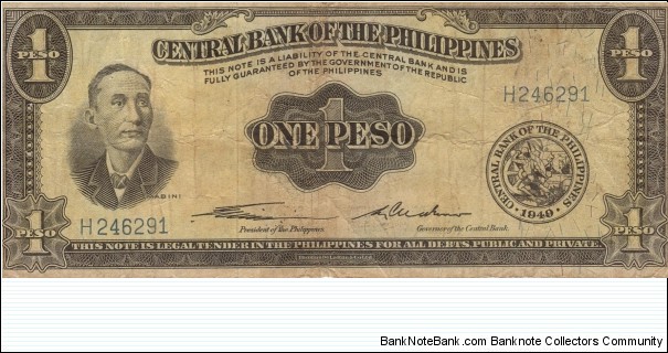 PI-133a RARE English Series 1 Peso note with signature group 1, prefix H, and GENUINE underprint. Banknote
