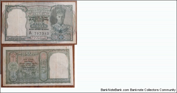 British India. 5 Rupees. CD Deshmukh signature. Front face George VI. Banknote