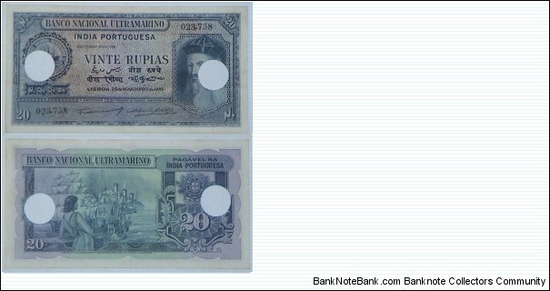 Portuguese-India. 20 Rupia. Cancelled. Banknote