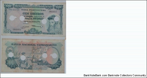 Portuguese-India. 100 Escudos. Cancelled. Banknote