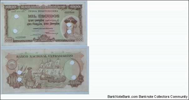 Portuguese-India. 1000 Escudos. Cancelled. Banknote