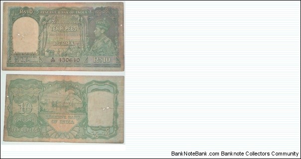 Burma. 10 Rupees. Indian note issue. JB Taylor signature. George VI. Banknote