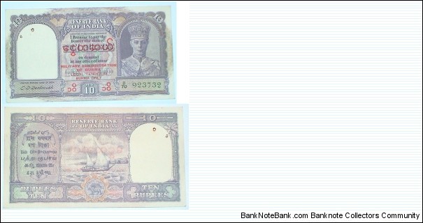 Military Administration of Burma. 10 Rupees. Overprint on Indian note. George VI.  Banknote