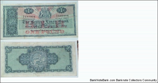 1 Pound. The British Linen Bank.  Banknote