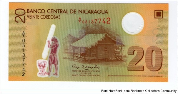 Polymer Issued 20 Cordobas  Banknote