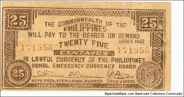 Bohol Emergency Currency 25 Centavos note Banknote
