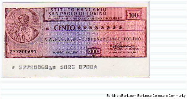 *Emergency Notes __  Local Mini-Check* __
100 Lire __ pk# NL __ Istituto San Paolo di Torino __ 15.12.1976  Banknote
