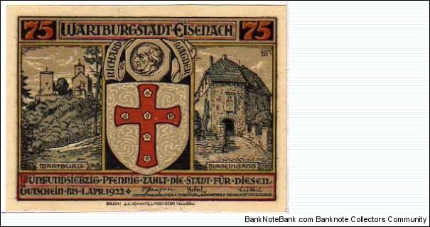 *NOTGELD* __ 75 Pfenning __ pk# NL __ Eisenach __ 01.04.1922 Banknote