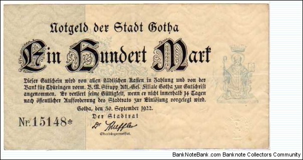 *NOTGELD* __ 100 Mark __ pk# NL __ Gotha __ 30.09.1922 Banknote