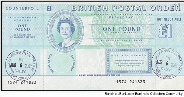 Anguilla 2003 1 Pound postal order. Banknote