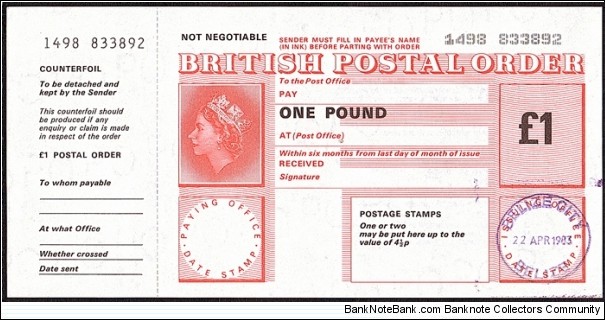 Belize 1983 1 Pound postal order.

Belize no longer issues postal orders at its local post offices,but a British Field Post Office still issues them. Banknote