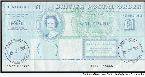 British Virgin Islands 2002 1 Pound postal order.

A very difficult country to get postal orders from.Road Town is the only post office there that sells them. Banknote
