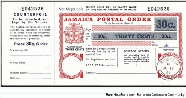 Jamaica 1991 30 Cents postal order. Banknote