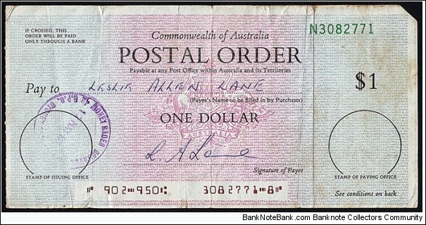 New South Wales 1977 1 Dollar postal order. Banknote