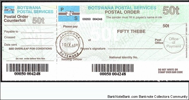 Botswana 2003 50 Thebe postal order. Banknote