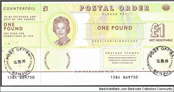 The Gambia 2005 1 Pound postal order. Banknote