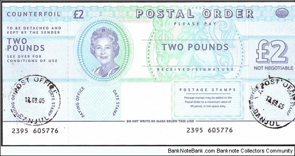 The Gambia 2005 2 Pounds postal order. Banknote