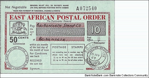 Kenya 1967 10 Shillings postal order.

Issued at the Post Office Savings Bank,Nakuru. Banknote