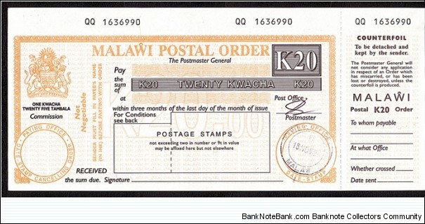 Malawi 1996 20 Kwacha postal order. Banknote