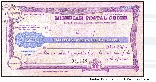 Nigeria 1995 250 Naira postal order.

The printer's name is up the left hand side on the front. Banknote