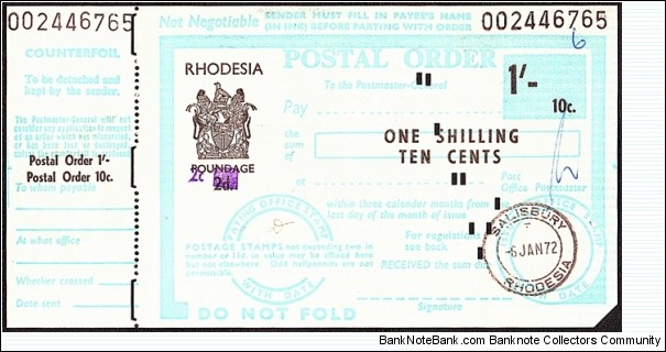 Rhodesia 1972 1 Shilling / 10 Cents postal order.

Cardboard. Banknote