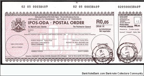 Transkei 1991 5 Cents postal order. Banknote