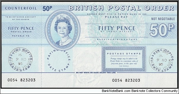Falkland Islands 1995 50 Pence postal order. Banknote