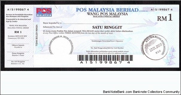 Malacca 2010 1 Ringgit postal order. Banknote
