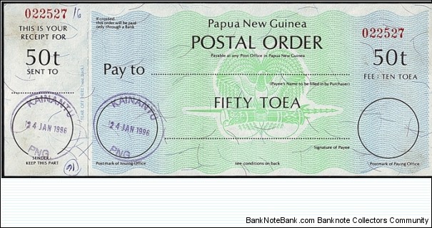 Papua New Guinea 1996 50 Toea postal order.

Papua New Guinea no longer issues postal orders at all. Banknote