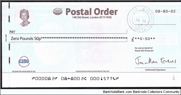 Malta 2007 50 Pence postal order. Banknote