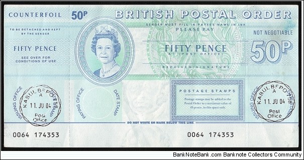 British Field Post Office in Afghanistan 2004 50 Pence postal order.

Very rare British Field Post Office issued postal order. Banknote