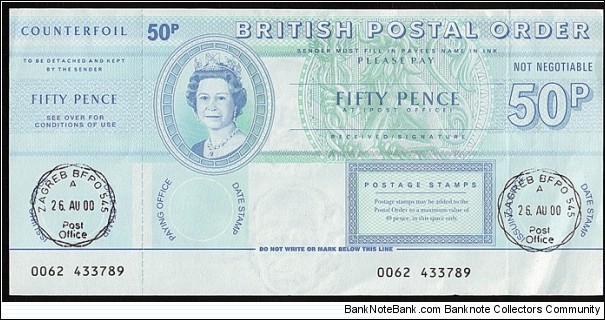 British Field Post Office in Croatia 2000 50 Pence postal order.

Very rare British Field Post Office issued postal order.

The second half of a reunited pair. Banknote