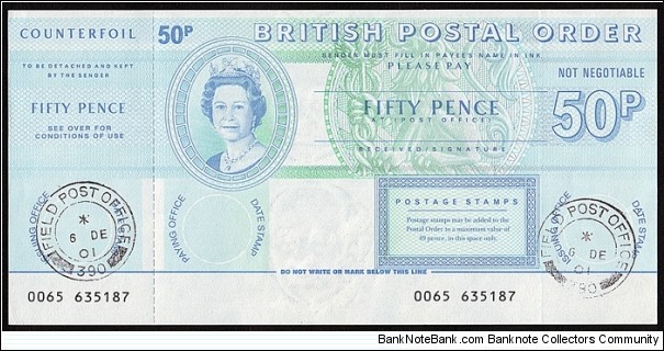 British Field Post Office in Kosovo 2001 50 Pence postal order.

Very rare British Field Post Office issued postal order.

Kosovo uses the Euro as its currency. Banknote