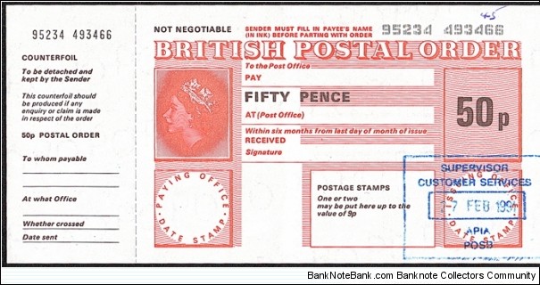 Western Samoa 1991 50 Pence postal order. Banknote