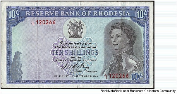 Rhodesia 1968 10 Shillings. Banknote
