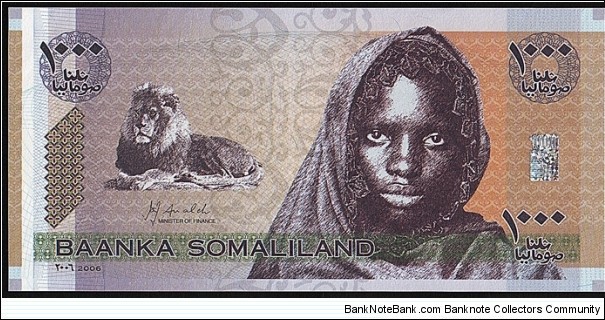 Somaliland 2006 1,000 Shillings.

This is a fantasy that was created for sale by Universal Coins of Ottawa,Canada.

500 Shillings is the highest denomination in circulation in Somaliland. Banknote