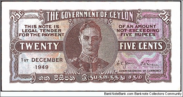Ceylon 1949 25 Cents. Banknote