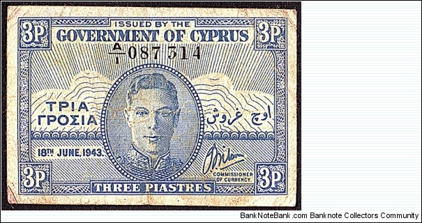 Cyprus 1943 3 Piastres. Banknote