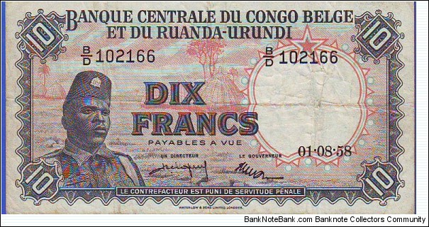  10 Francs Belgian Congo Banknote