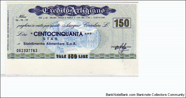Emergency Notes -  Local Mini-Check - 150 Lire - pk NL - Il Credito Artigiano - 10.10.1977 - Milano Banknote