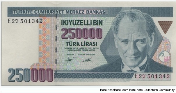Turkey 250000 Lira 1970 Banknote