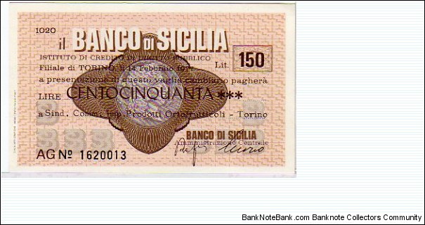 *Emergency Notes __ Local Mini-Check* __ 150 Lire__pk# NL__Il Banco di Sicilia__14.02.1977__Torino  Banknote