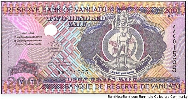 Vanuatu 1995 200 Vatu.

15 Years of Vanuatuan Independence. Banknote