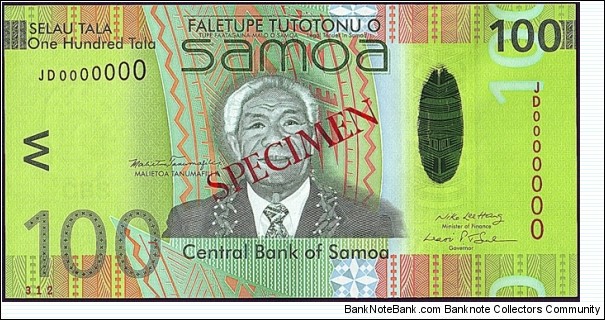 Western Samoa N.D. (2008) 100 Tala.

Specimen note. Banknote