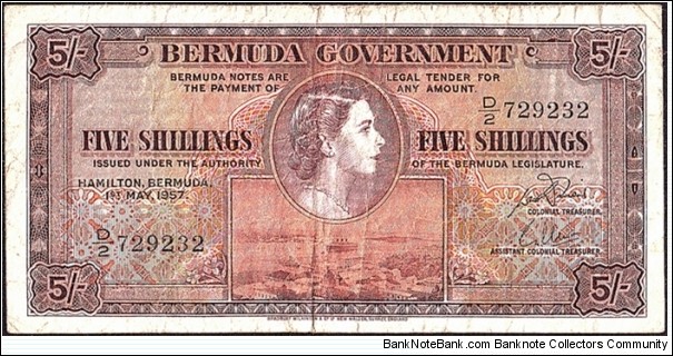 Bermuda 1957 5 Shillings. Banknote
